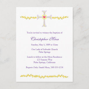 Carte Postale Invitation Baptême, Croix du Coeur