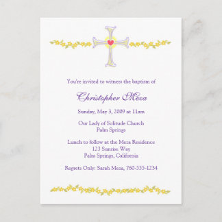 Carte Postale Invitation Baptême, Croix du Coeur