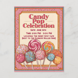 Carte Postale Invitation "Candy Pop Celebration" avec Lollipops