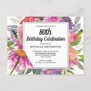 Carte Postale Invitation d'anniversaire 80 ans pour femme aux fl