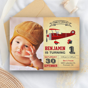Carte Postale Invitation d'anniversaire d'avion rouge rétro vint