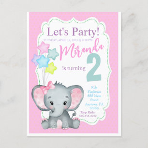 Carte Postale Invitation d'anniversaire éléphant rose pour fille