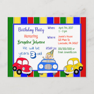 Carte Postale Invitation d'anniversaire garçon Voitures Rouge Bl