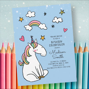 Carte Postale Invitation d'anniversaire Licorne Arc-en-ciel Etoi