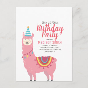 Carte Postale Invitation d'anniversaire mignonne avec lama et ba