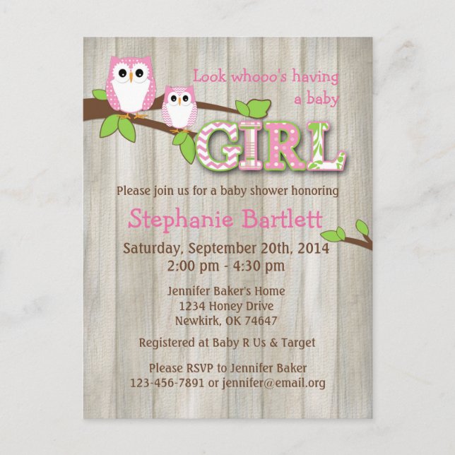 Carte Postale Invitation de Baby shower de Chouette blanche Chev (Devant)