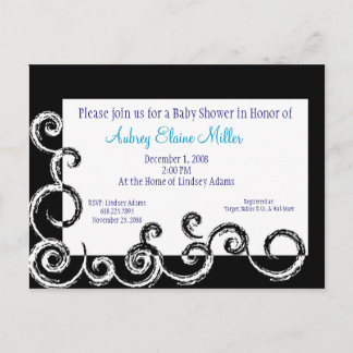 Carte Postale Invitation de Baby shower de tourbillon noir et bl