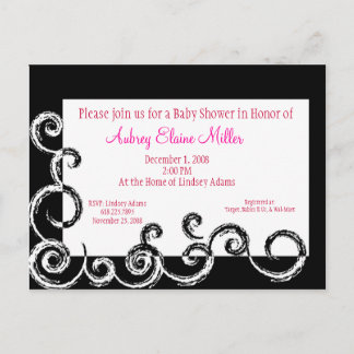 Carte Postale Invitation de Baby shower de tourbillon noir et bl
