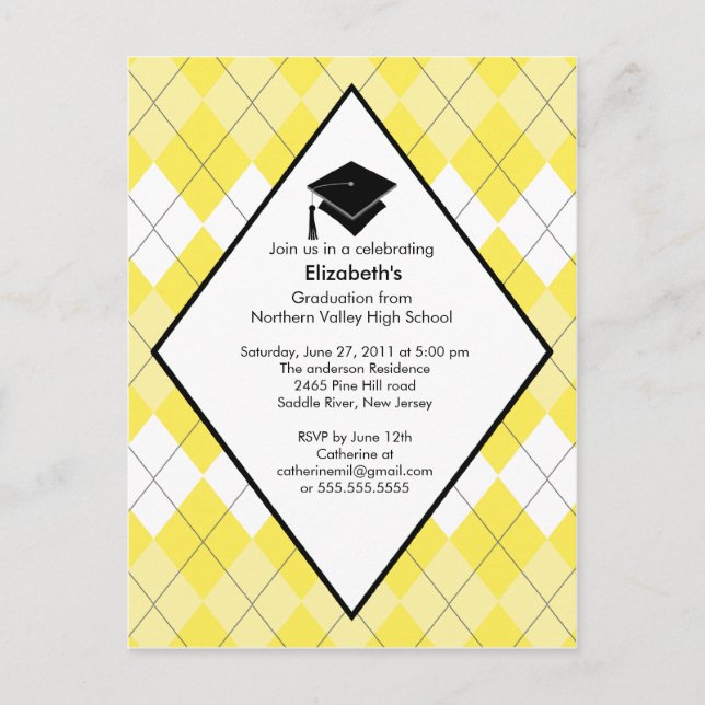 Carte Postale Invitation de diplôme Préppy Jaune Jacquard (Devant)