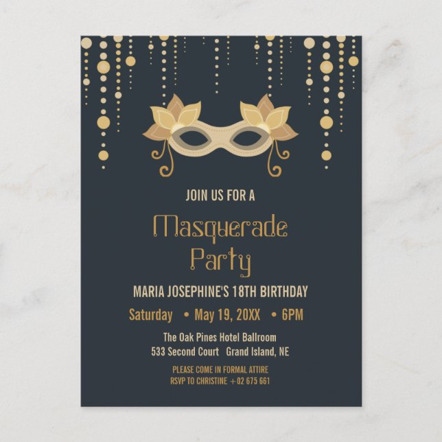 Carte Postale Invitation de fête d'anniversaire Masquerade moder (Devant)