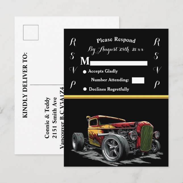Carte Postale Invitation de mariage et Hot Rod (Devant / Derrière)