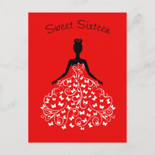 Carte Postale Invitation du Sweet sixteen rouge noir papillon
