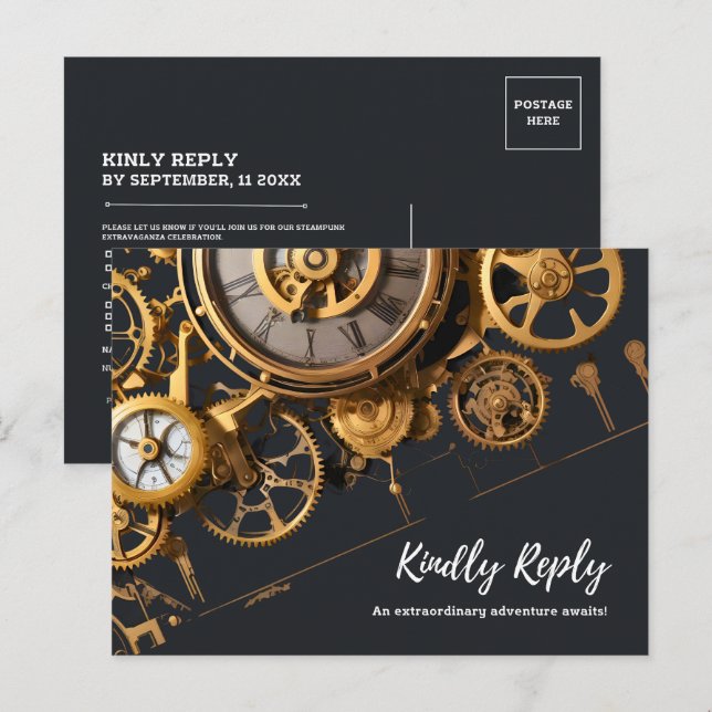 Carte Postale Invitation extravagante Steampunk à mécanisme rétr (Devant / Derrière)