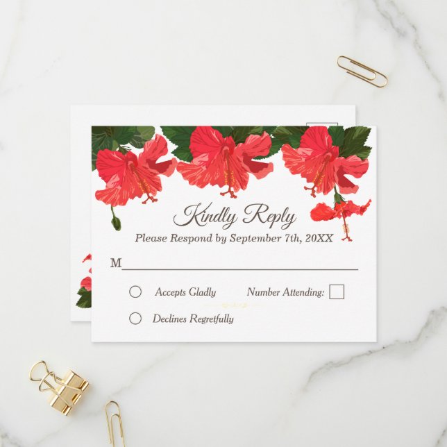 Carte postale Invitation Floral RSVP avec Hibiscus (Devant/Arrière en situation)