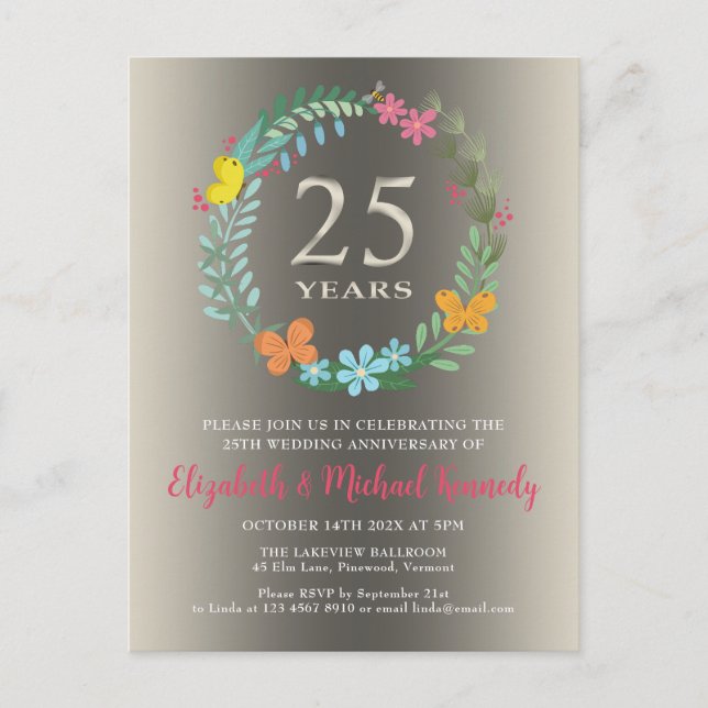 Carte Postale Invitation florale du 25e anniversaire du Mariage  (Devant)