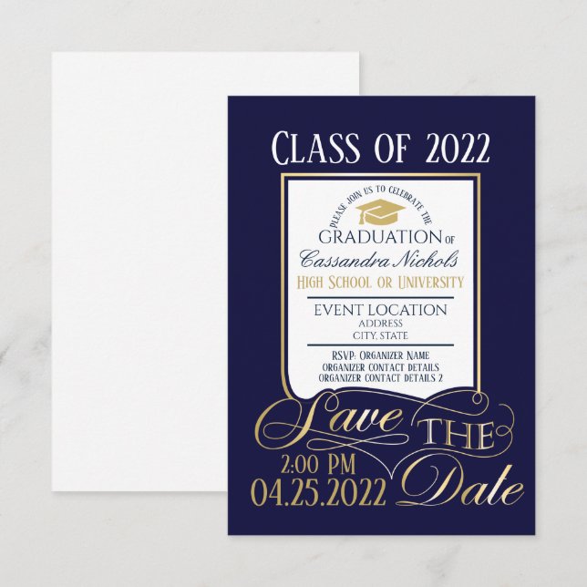 Carte postale Invitation Gold and Blue Graduation (Devant / Derrière)