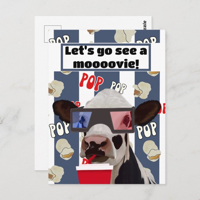 Carte postale Invitation Retro Popcorn Loving Cow  (Devant / Derrière)