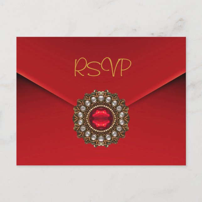 Carte postale Invitation RSVP Bijou rouge or (Devant)
