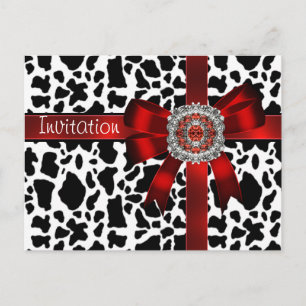Carte postale Invitation Vache rouge Bow noir blan