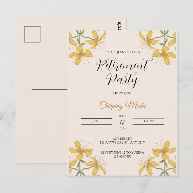 Carte postale Invitative Retraite florale Bronze (Devant / Derrière)