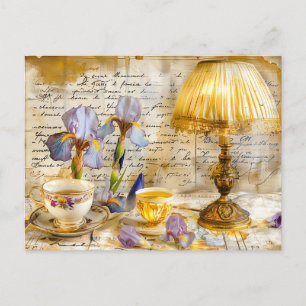 Carte Postale Iris Blooms with Teacup and Vintage Lamp shabby