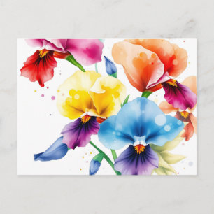 Carte Postale Iris Élégant en Fleurs avec Éclaboussure d'Aquarel