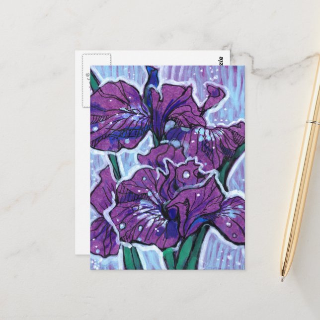 Carte Postale Iris Fleurs De Printemps Floral Peinture Violet (Devant/Arrière en situation)