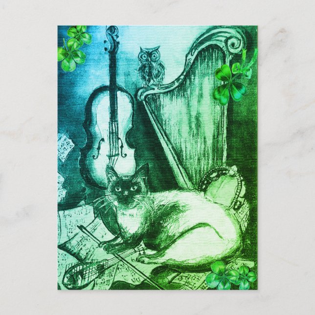 Carte Postale Irish Harp et St.Patrick's Day Cat Making Music (Devant)