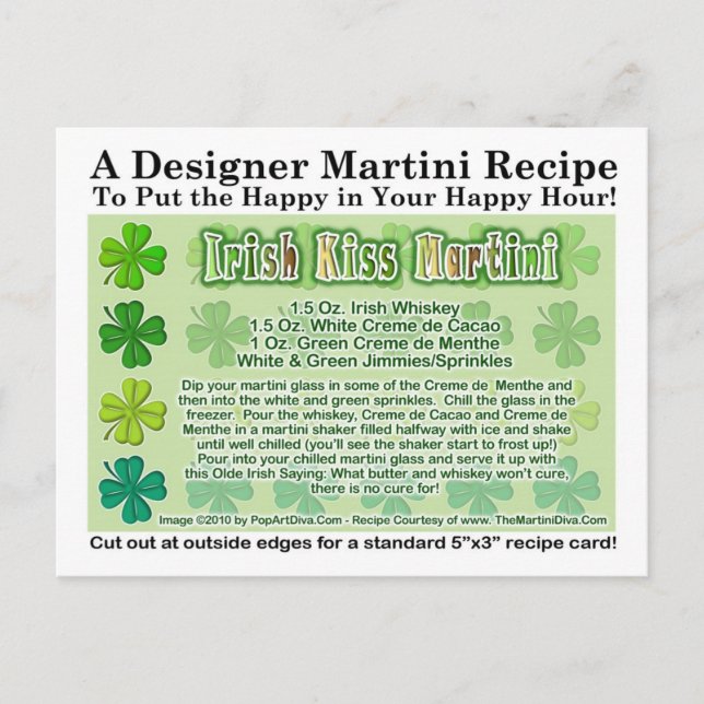 Carte Postale Irish Kiss St. Patrick's Day Martini Recette Card (Devant)