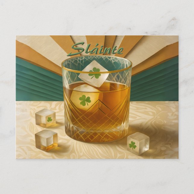 Carte Postale Irish Whiskey Tumbler Shamrock Ice "Sláinte!" (Devant)