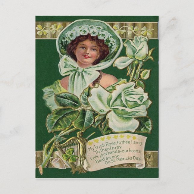 Carte Postale Irlandaise Rose Shamrock Clay Pipe Harp (Devant)