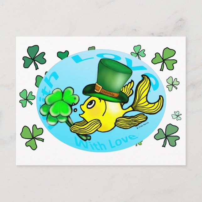 Carte Postale IRLANDE LUCK GOLDFISH portant casquette et shamroc (Devant)