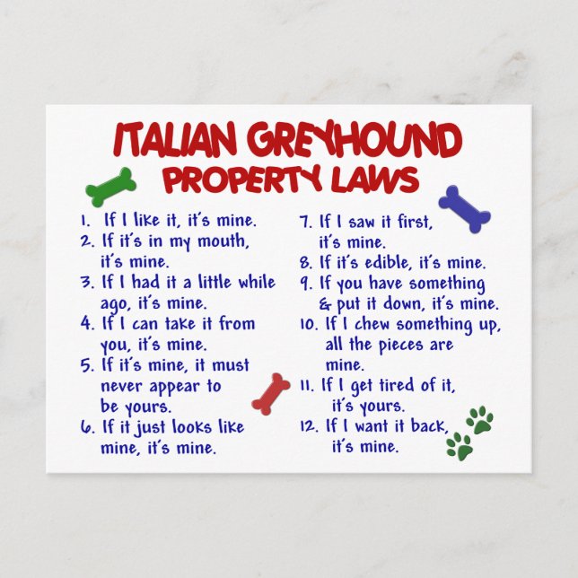 Carte Postale ITALIEN GREYHOUND Lois sur la propriété (Devant)
