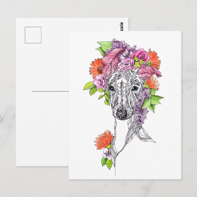 Carte Postale Italien Greyhound Whippet chien portrait fleurs ar (Devant / Derrière)