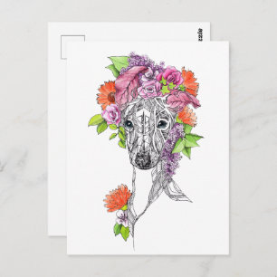 Carte Postale Italien greyhound whippet chien portrait fleurs ar