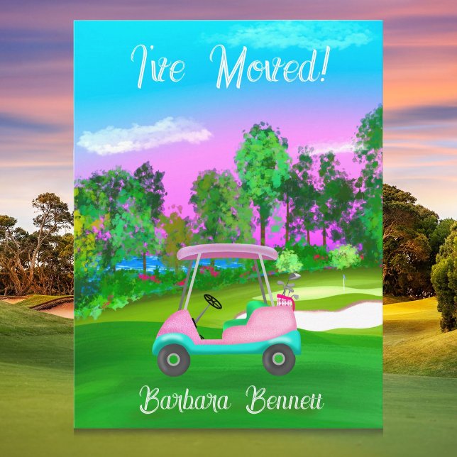 Carte Postale I've Moved Sunset Golf Course Pink Golf Cart  (Créateur téléchargé)