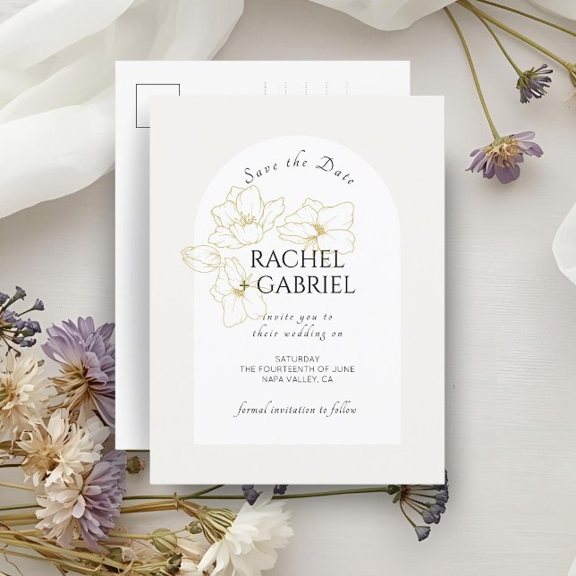 Carte Postale Ivoire | Boho Arch Gold Floral Mariage (Créateur téléchargé)