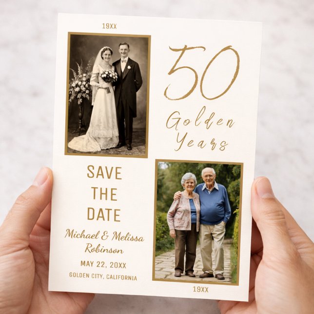 Carte Postale Ivory Gold 50e anniversaire Enregistrez la date (Classic 50th wedding anniversary save the date postcard)