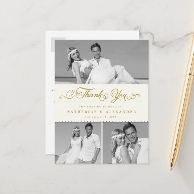 Carte Postale Ivory Scalloped Band 3 Photo Mariage Pos (Devant/Arrière en situation)