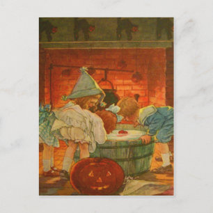 Carte Postale Jack-o'-lantern Citrouille Bobing Apple Black Cat