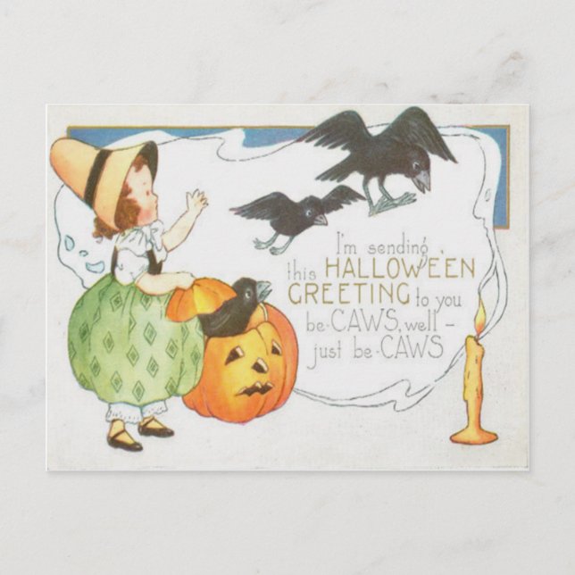 Carte Postale Jack-o'-lantern Citrouille Ghost Crow Candle Girl (Devant)