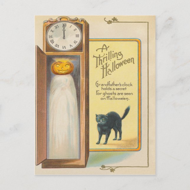 Carte Postale Jack-o'-lantern Ghost Chat noir Grand-père Horloge (Devant)