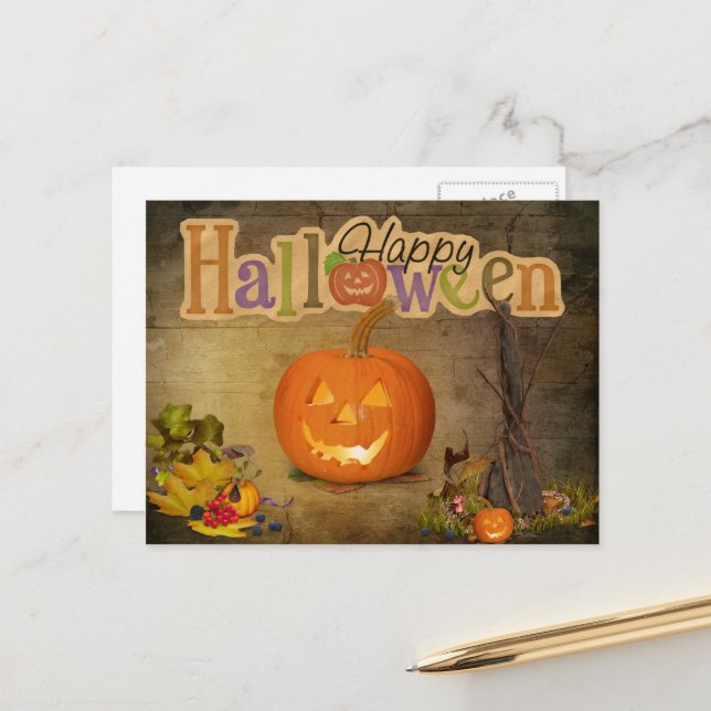 Carte Postale Jack-o-Lantern Halloween heureux (Devant/Arrière en situation)