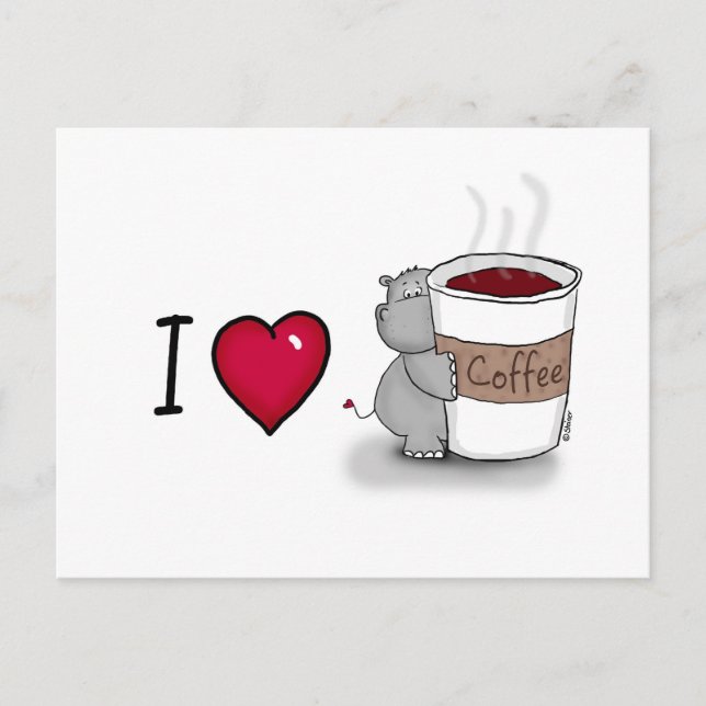 Carte Postale J'adore le café - Hippo avec une tasse de café (Devant)