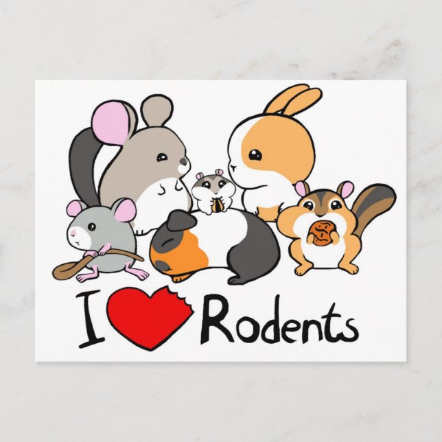 Carte Postale J'adore les rongeurs, mignon dessin animé (Devant)