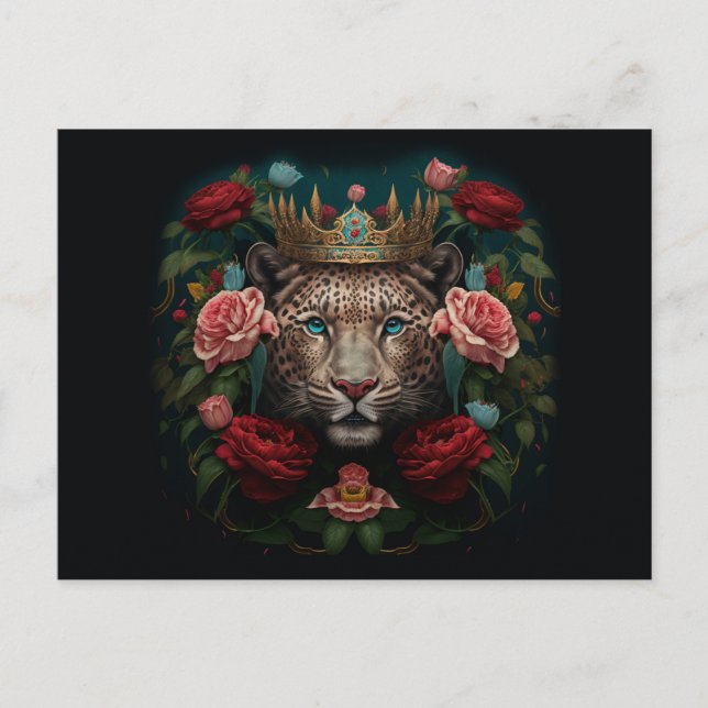 Carte Postale Jaguar avec Couronne en peinture de fleurs (Devant)