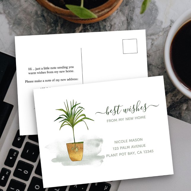 Carte Postale J'Ai Déplacé Plante De Palm Posé Déménagement Fair (New Address postcard with elegant watercolor potted plant)