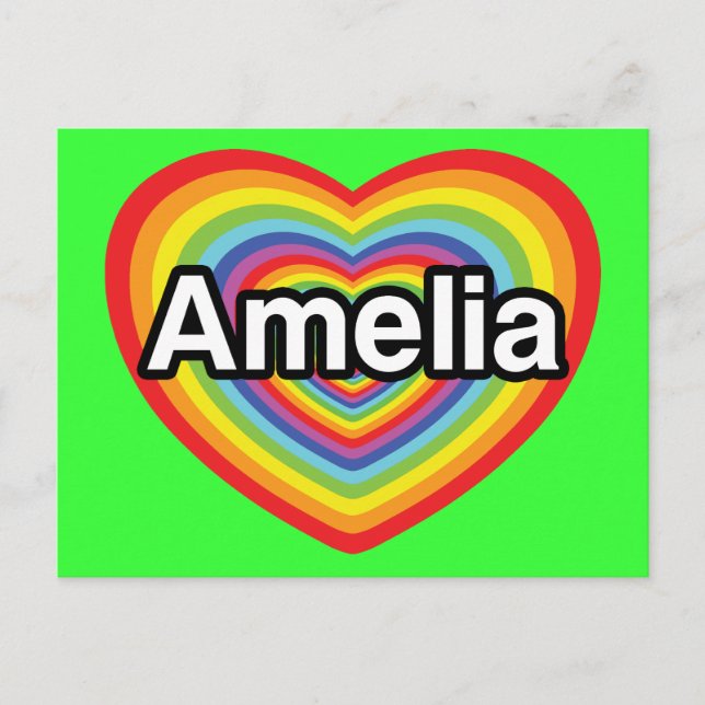 Carte Postale J'aime Amelia, coeur arc-en-ciel (Devant)