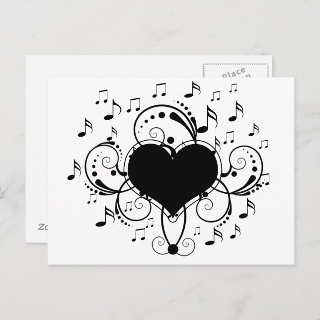 Carte Postale J aime les notes de musique coeur noir et blanc