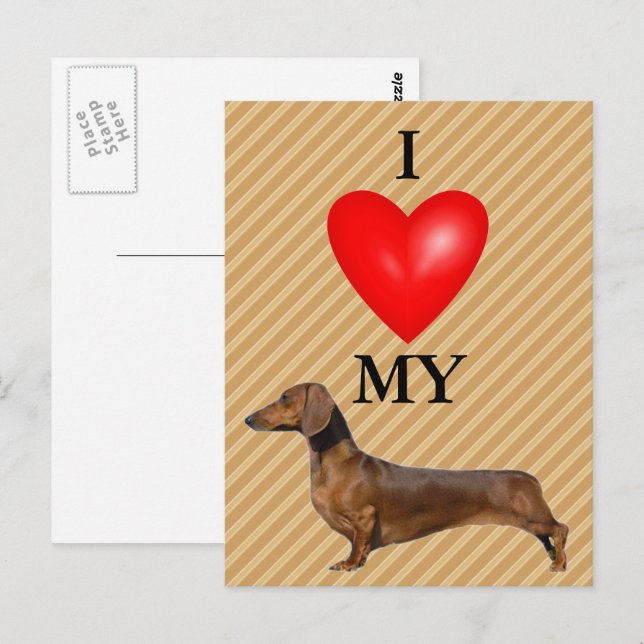 Carte Postale J'Aime Mon Coeur Rouge Dachshund (Devant / Derrière)